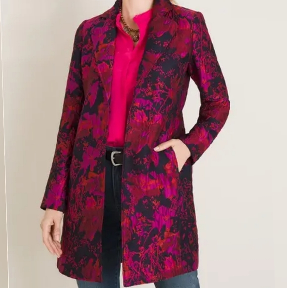 Chicos Red Jacquard Floral Jacket Size 3, NWT - Picture 6 of 7